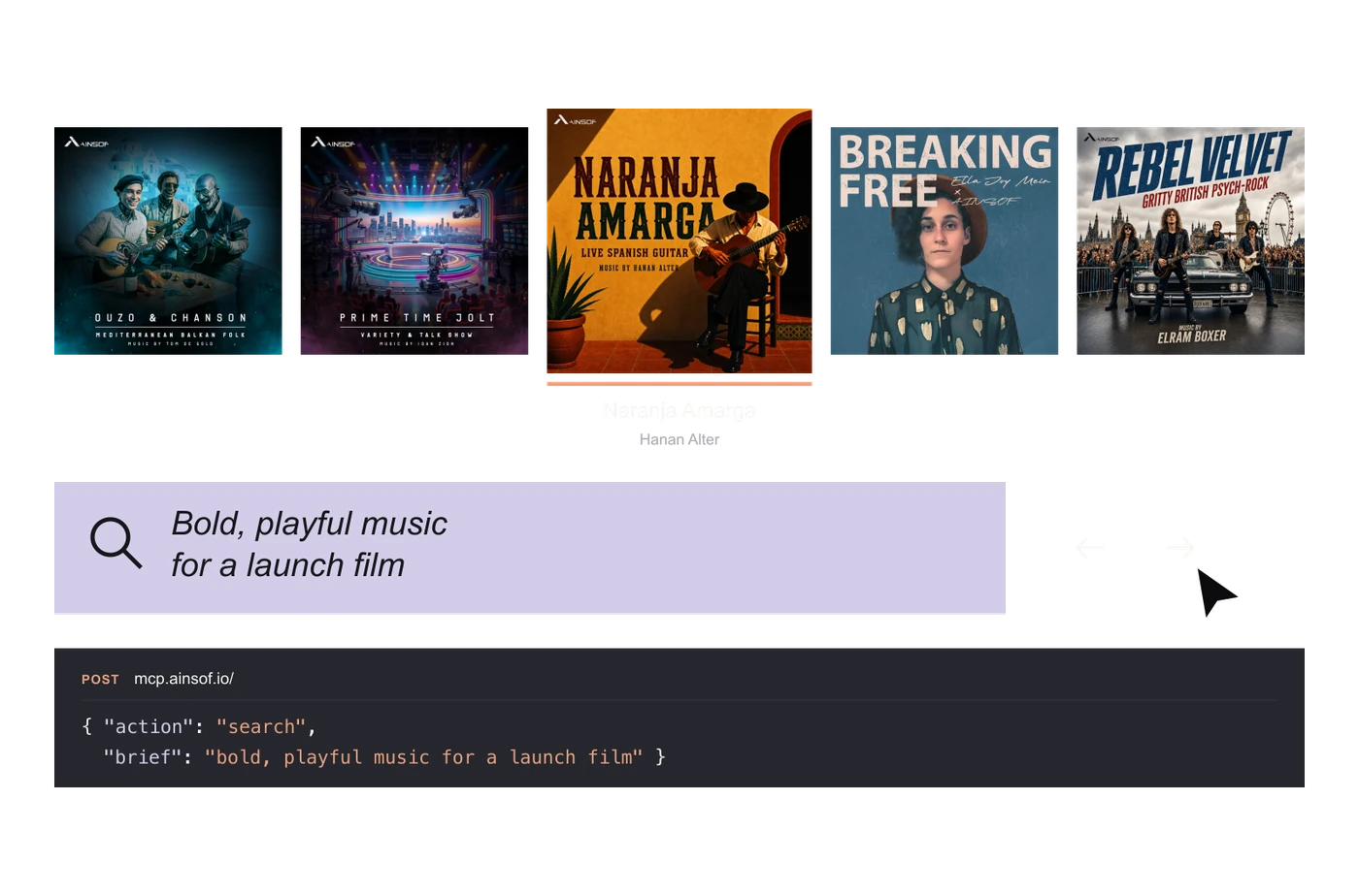 AINSOF album covers and a search for bold, playful music for a launch film, with the API request behind it