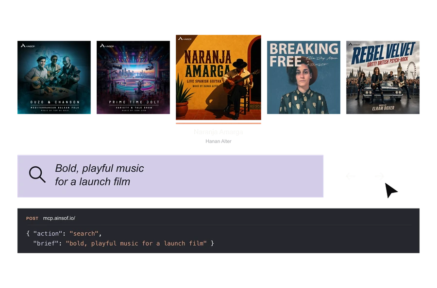 A row of AINSOF album covers, a search for bold, playful music for a launch film, and the API request behind it