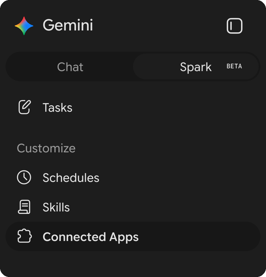 Gemini sidebar — Connected Apps under Customize