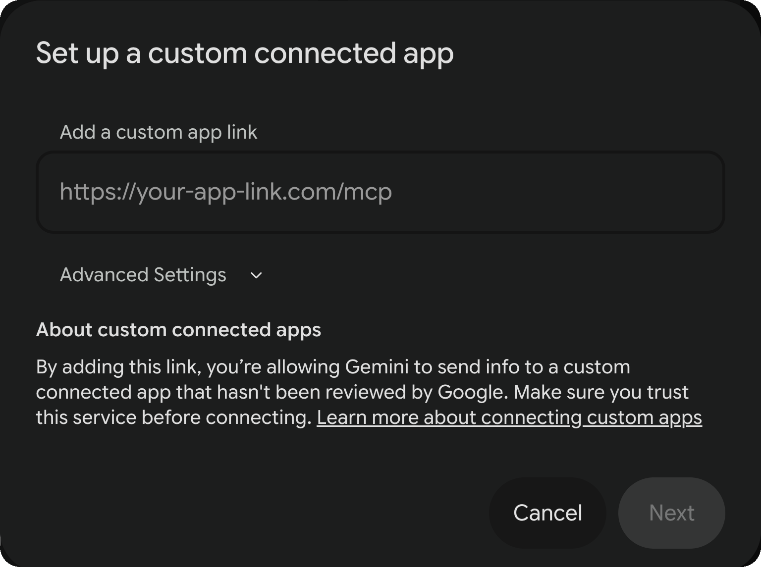 Set up a custom connected app — the address pasted in