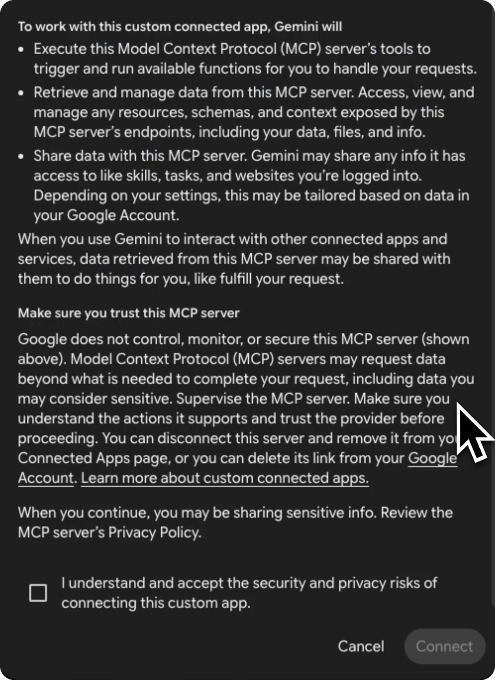 Connect this MCP server — accept the risks, then Connect