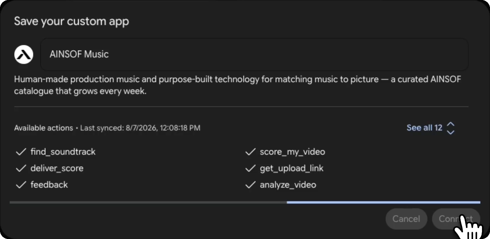 Save your custom app — AINSOF Music with its available actions
